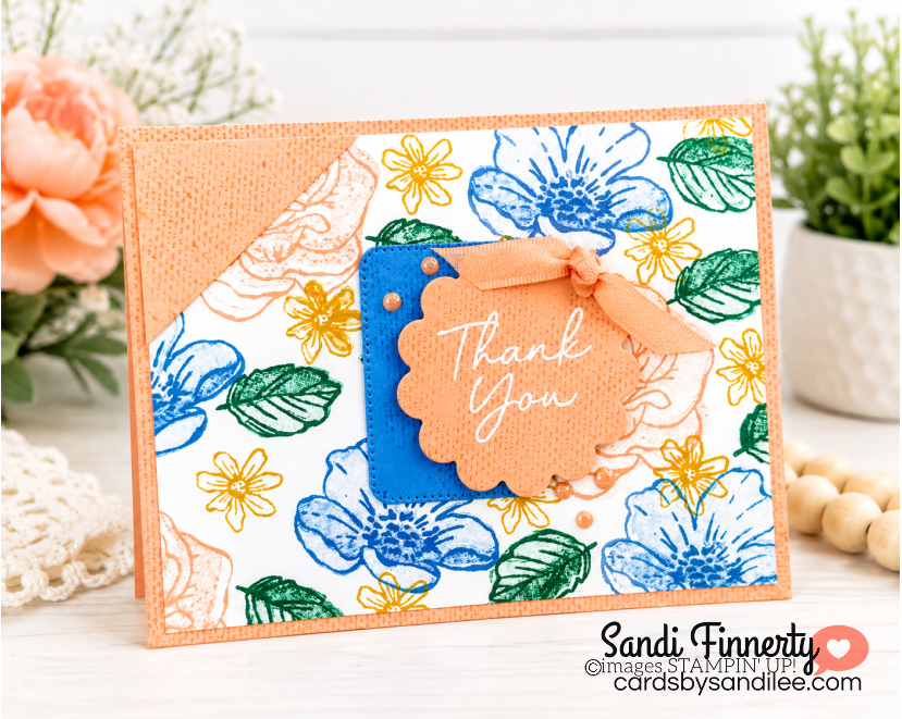 Bloom Boutique two-step stamping thank you card with Crisp Cantaloupe cardstock and Linen Background Stamp texture