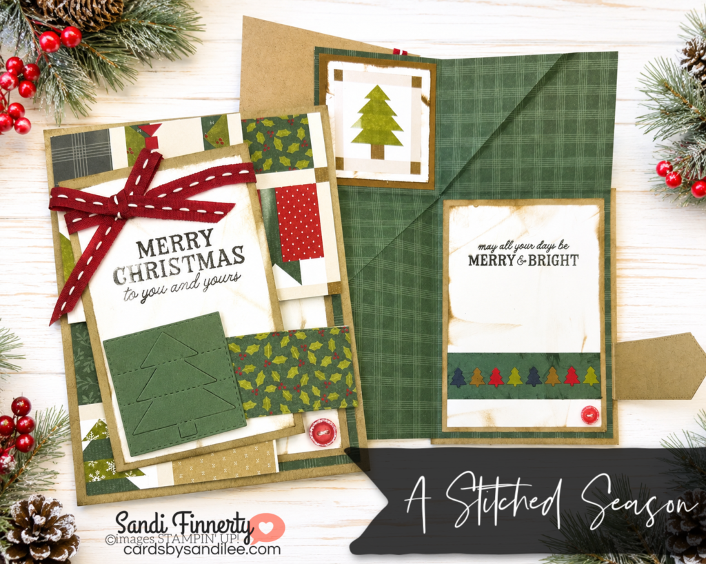 Handmade Square Corner Fold Christmas card featuring Stitched Christmas patterned paper, Christmas tree, red ribbon and Merry Christmas sentiment.