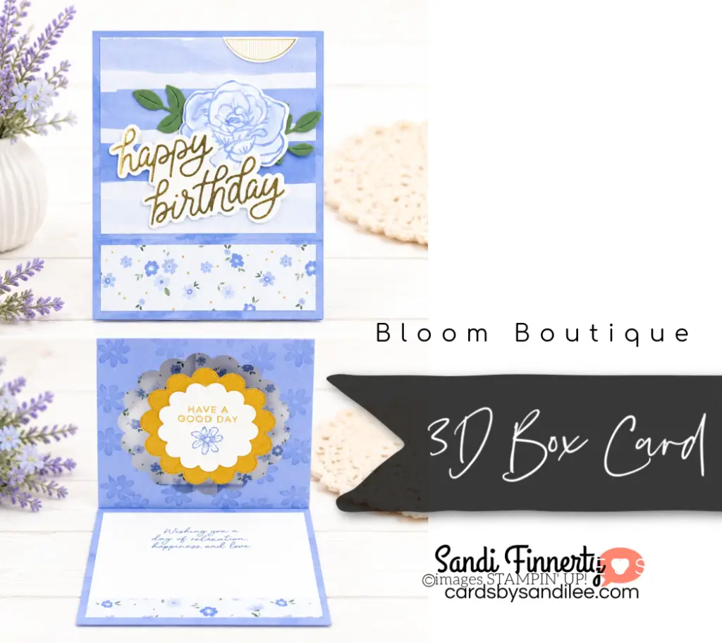 the front and inside of the 3d shadow box card made with hydrangea hue