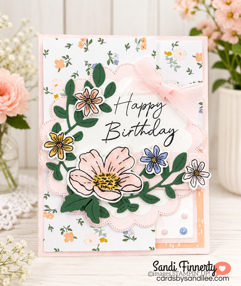 To show the front of the bloom boutique suite collection square corner fun fold card.