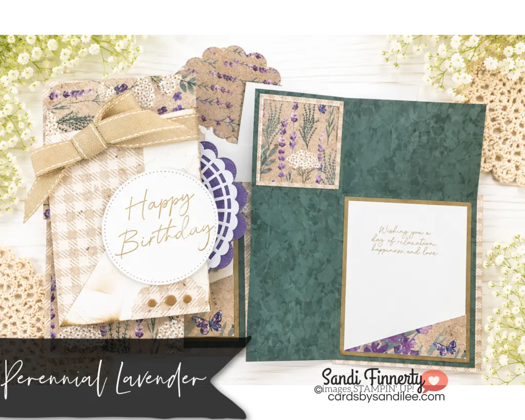 Perennial Lavender Square Corner Fun Fold handmade birthday card featuring layered Designer Series Paper, scalloped accents and ribbon.
