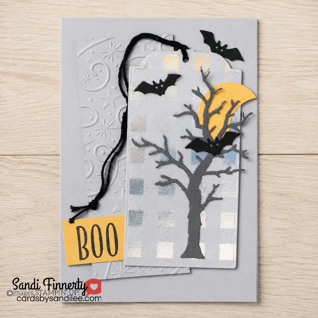 Frightfully fun tee card with embossing plate, tree, tag and bats.